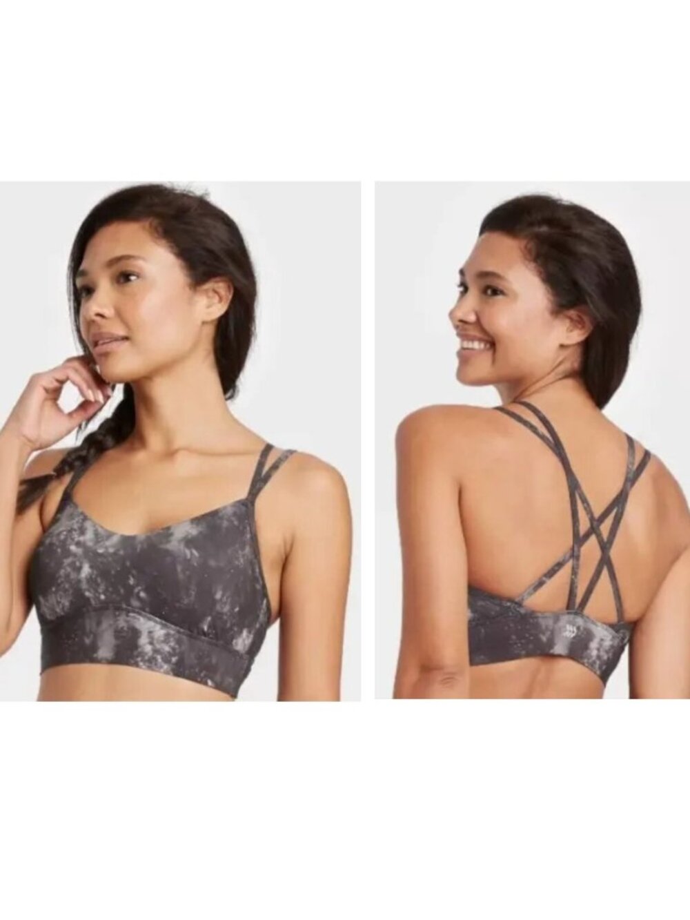 Charcoal Grey Acid Wash Tie-dye Light Support V-Neck Strappy Sports Bra